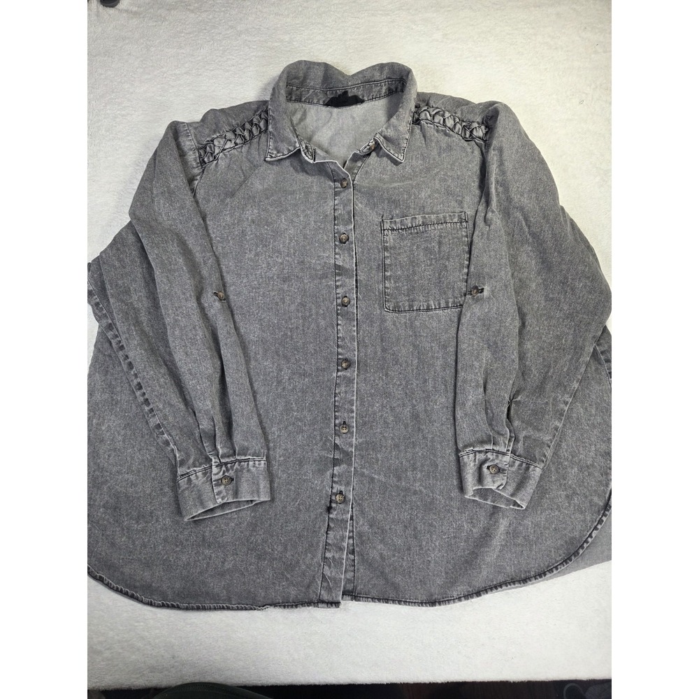 Jane Delancey Womens 2X Gray Acid Wash Button Down Shirt Braided Shoulder Plus